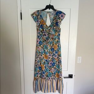 Topshop Multicolor Floral Midi Dress. Contrast hem and open back.